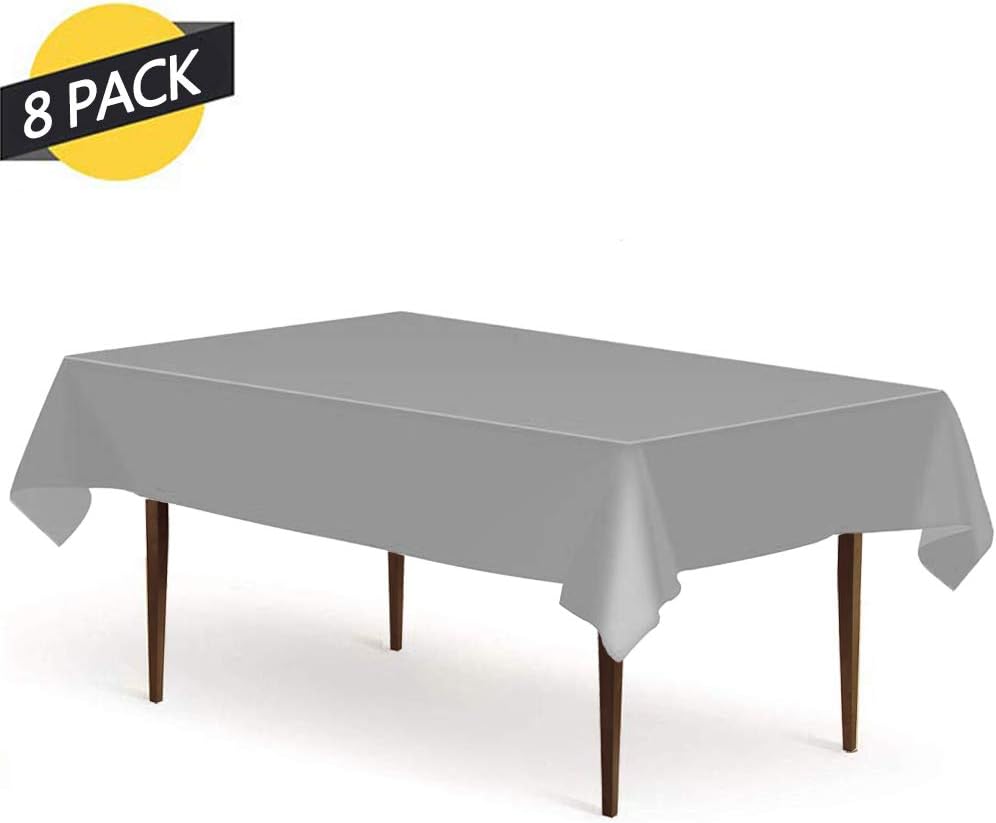 GREENRAIN 8-Pack Disposable Plastic Tablecloth 54" x 108" for Rectangle Table Outdoor Plastic Table Cover for Party Picnic Patio - Silver