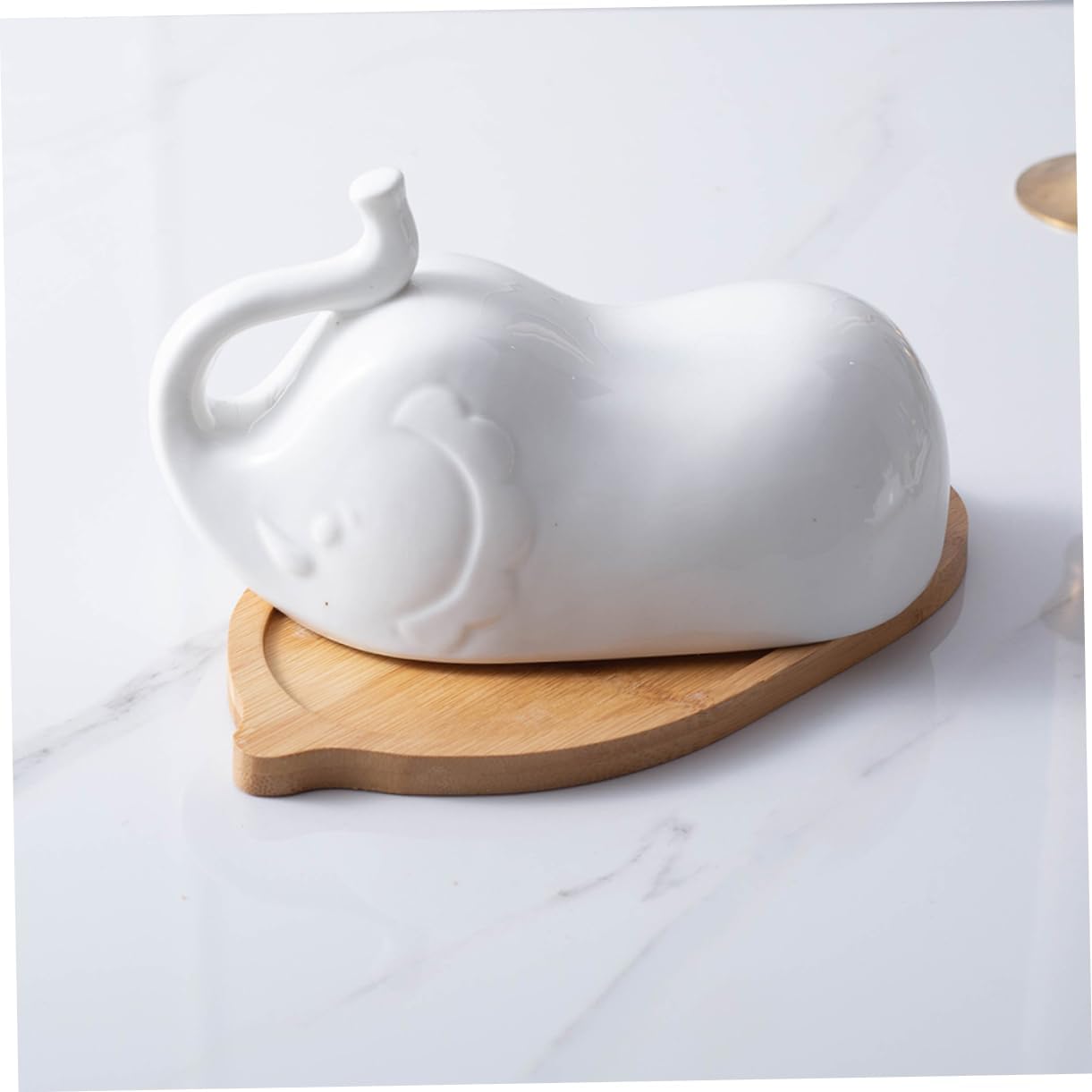 Garneck Elephant Shape Porcelain Butter Dish with Ceramic Lid and Simple Wooden Tray Microwave Safe Butter Plate for Hotel and Home Tableware Dishwasher Friendly Elegant Design for