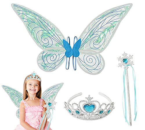 Xlong 3 Pezzi Kit Ali di Fata,Ali di Fata Donna,Ali Fata Bambina,Ali di Farfalla per Bambini,Costume di Halloween da Bambina con Ali di Fata e Farfalla (Blu)