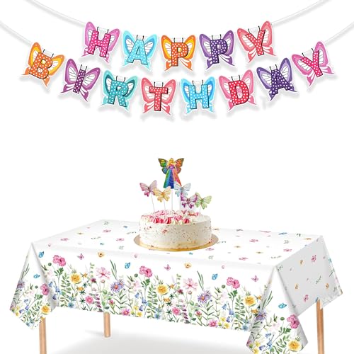 Image of Rozi Decoration Butterfly Theme Happy Birthday Banner with Cake Topper for Princess Birthday Party Decorations, Butterfly Theme Birthday Decorations for Girls Set of 7 Pcs