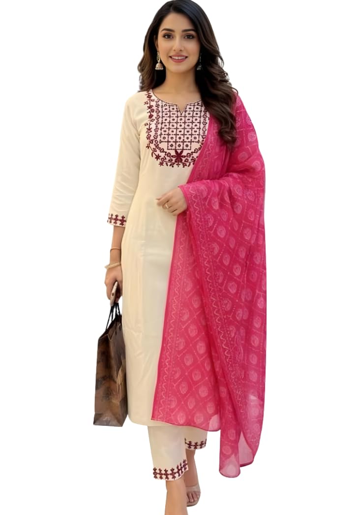 Women’s Rayon Embroidered Kurta Pant Set With Dupatta | Kurta Pant Dupatta Set | Straight Kurti Set | Round Neck 3/4 Sleeve Ethnic Outfit | Designer Indian Kurti Clothing with Pants Dupatta-image-29