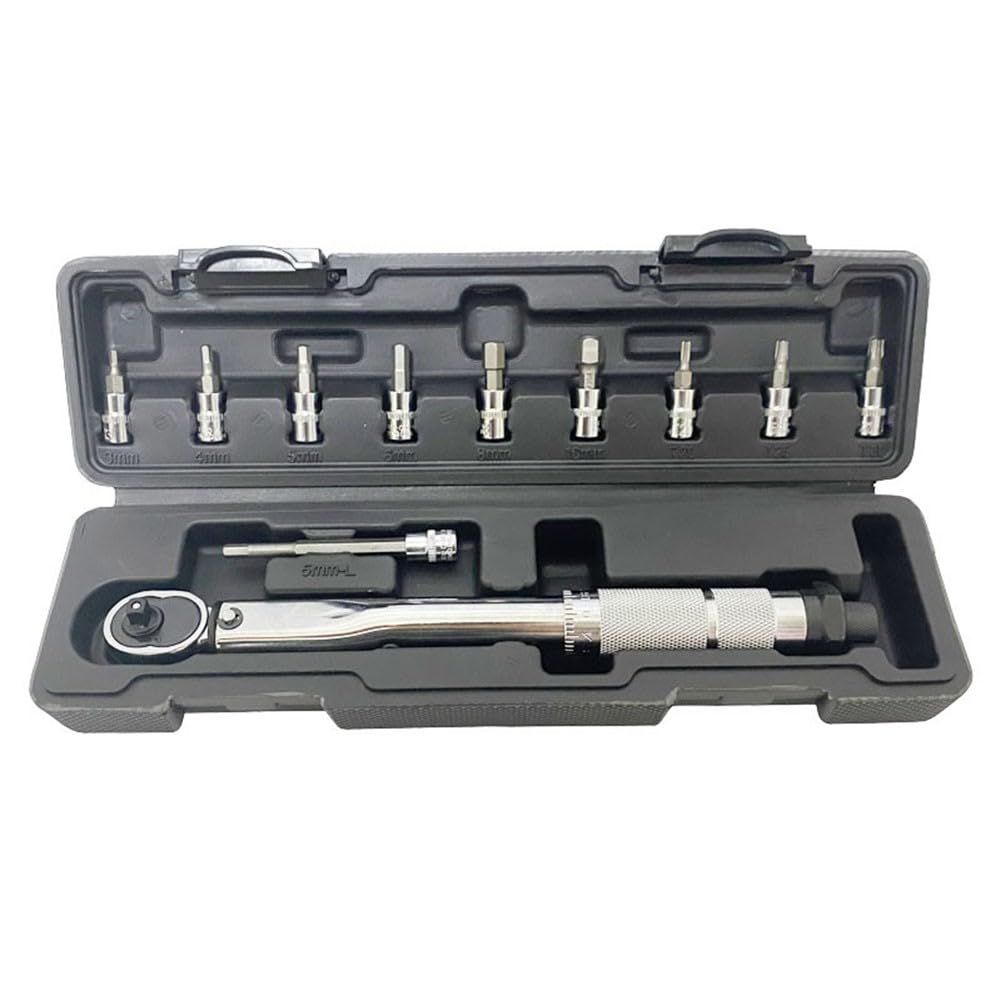 EasyByMall Set di chiavi dinamometriche a scatto da 1/4", 5 – 25 Nm, con 9 prese e asta di prolunga, per riparazione auto e bici, 11 pezzi
