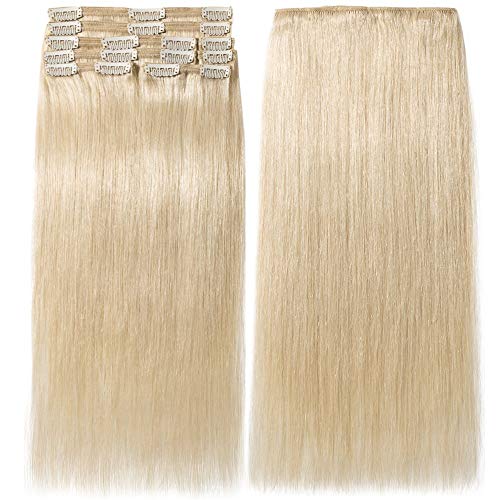s-noilite Clip in Human Hair Extensions 100% Real Remy Thick True Double Weft Full Head 8 Pieces 18 clips Straight silky (16 inch - 130g,Platinum Blonde (#60))