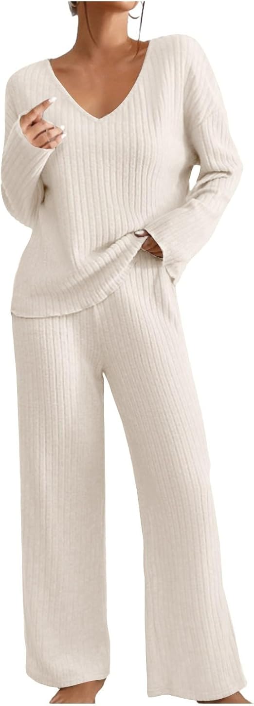 Flodxo Ensemble Pyjama et Loungewear 2 Pièces en Maille Côtelée avec Pantalon Large