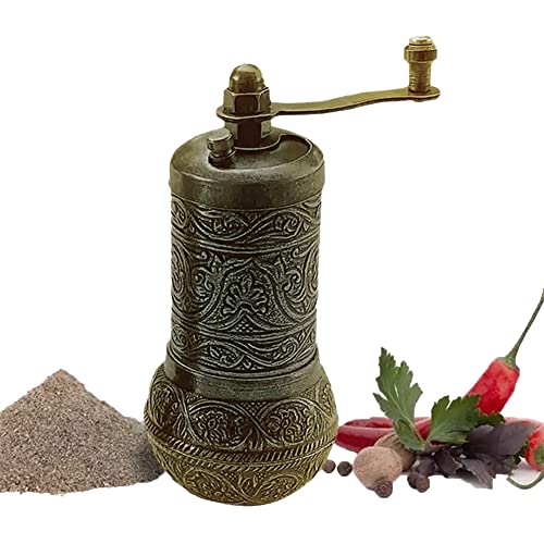 Salt and Black Pepper Grinder, Refillable Spice Grinder, Vintage Turkish Pepper Mill, Authentic Salt Grinder with Adjustable Coarseness, 4.2 in (Antique Gold)