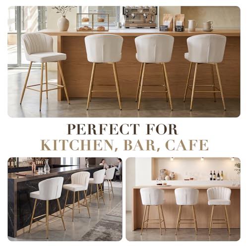Image of EALSON Counter Height Bar Stools Set of 4 Modern Bar Chairs with Back Velvet Upholstered Barstools with Gold Footrest Comfortable Island Chairs for Kitchen Counter /Home Bar /Dining Room, Beige