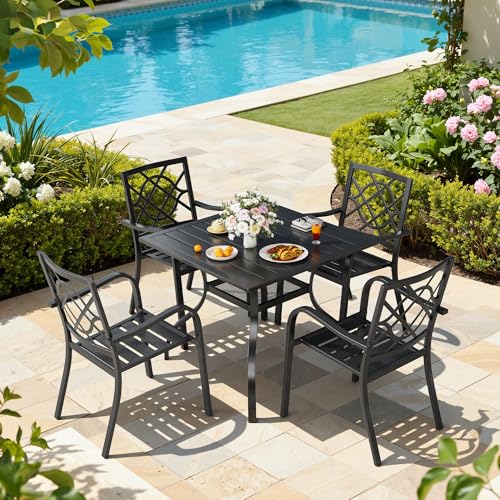 Image of 37 inch x 37 inch Patio Dining Table Outdoor Square Slated Furniture with Umbrella Hole, Metal Steel Frame(Black)