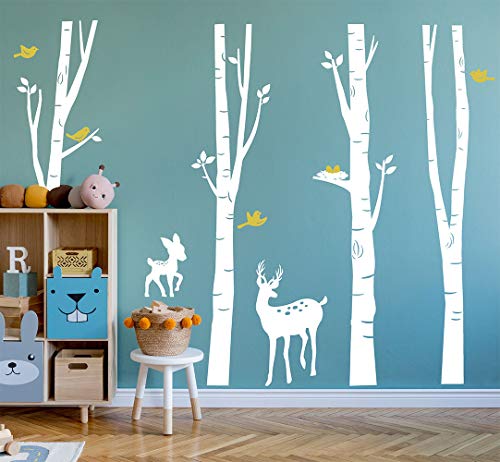 Luckkyy Large Birch Tree Deer Wall Decal Forest Birch Trees Birch Trees Vinyl Kids Vinyl Sticker Vinyl Wall Decal Family Room Art Decoration (White) #TOP3