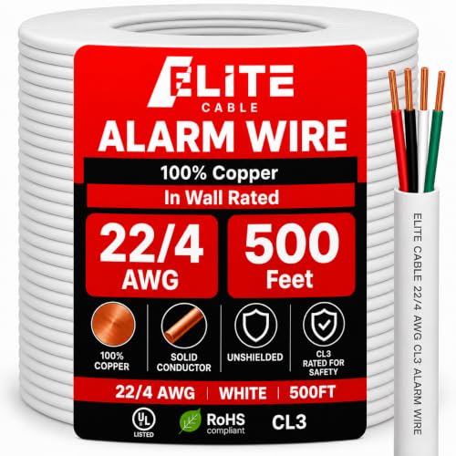 Elite 22-4 Solid Alarm Wire - 500ft CL3 in Wall Unshielded OFC Oxygen Free Copper UL Listed Premium 22/4 Alarm Cable Low Voltage (White)
