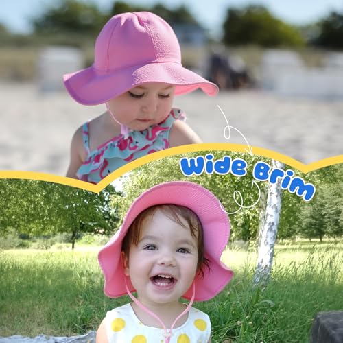 Image of HONGTEYA Baby Sun Hat Toddler Girl Beach Hat Sun Protection Adjustable Outdoor Summer Wide Brim Bucket Hat for Infant Kids