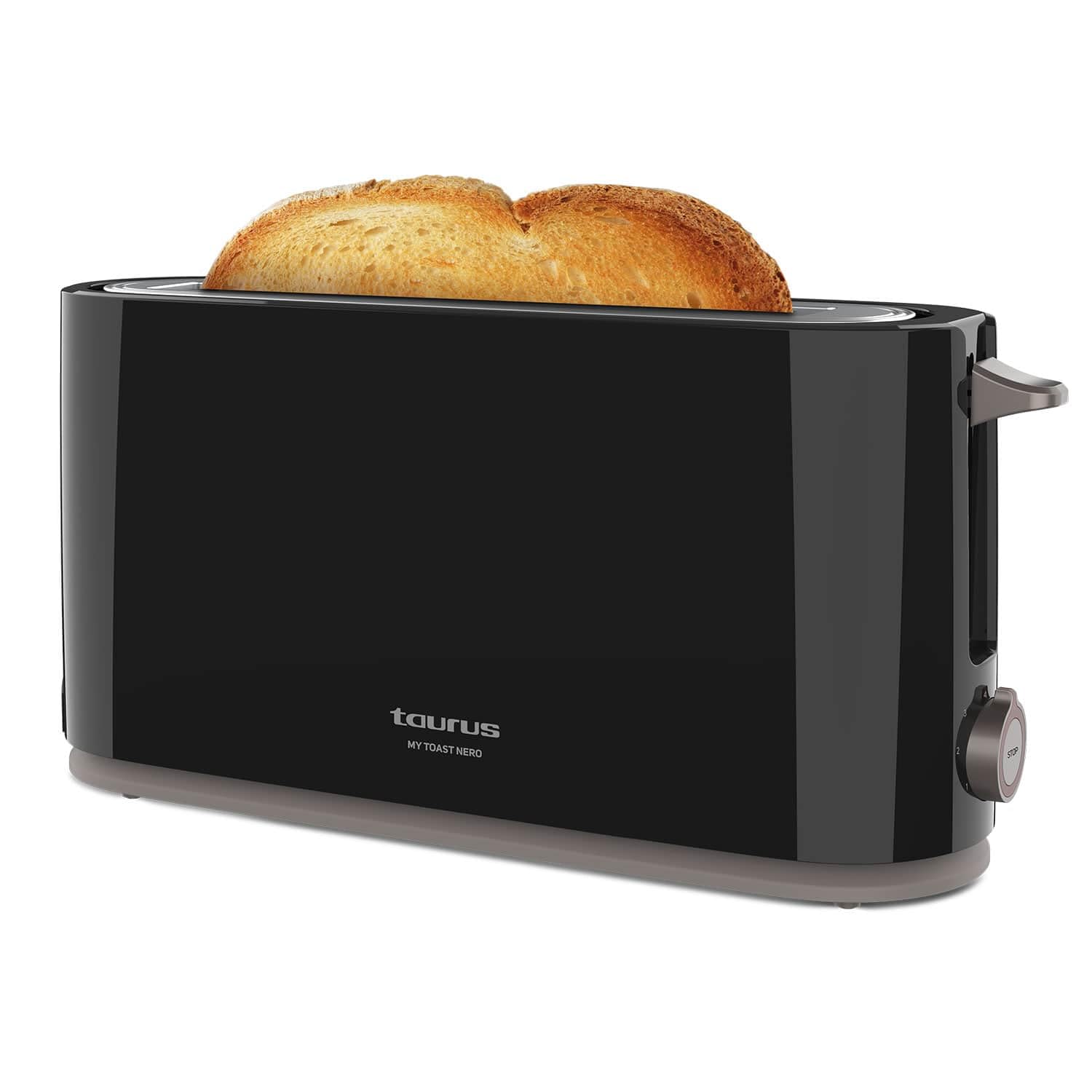 Taurus, Tostadora Mytoast Nero 1000W, 7 Niveles de Tostado, Ranura Extralarga 26x3.8, Sistema Autocentrado, Bandeja Recogemigas, Elevación Extra, Recoge Cable, Pies Antideslizantes