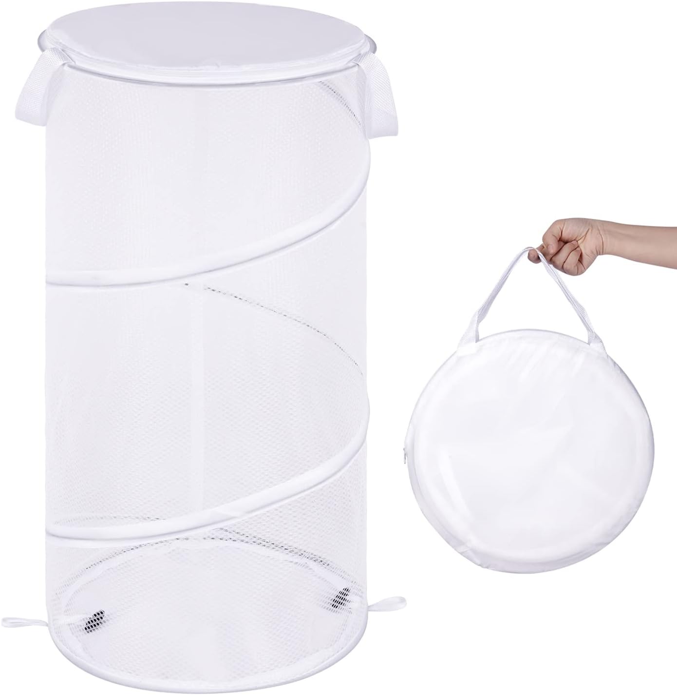 BATTOO Collapsible Laundry Basket with Lid Foldable Mesh Pop Up Hamper with Handles for Laundry Room, Bathroom, Kids Room, College Dorm, Travel, Storage Organizer White