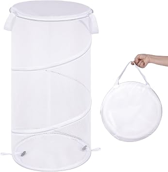 BATTOO Large Collapsible Laundry Hamper with Lid, Collapsible Mesh Pop-Up Basket with Handles for Laundry Room, Bathroom, Kids Room, College Dorm, Travel Storage Organizer, White