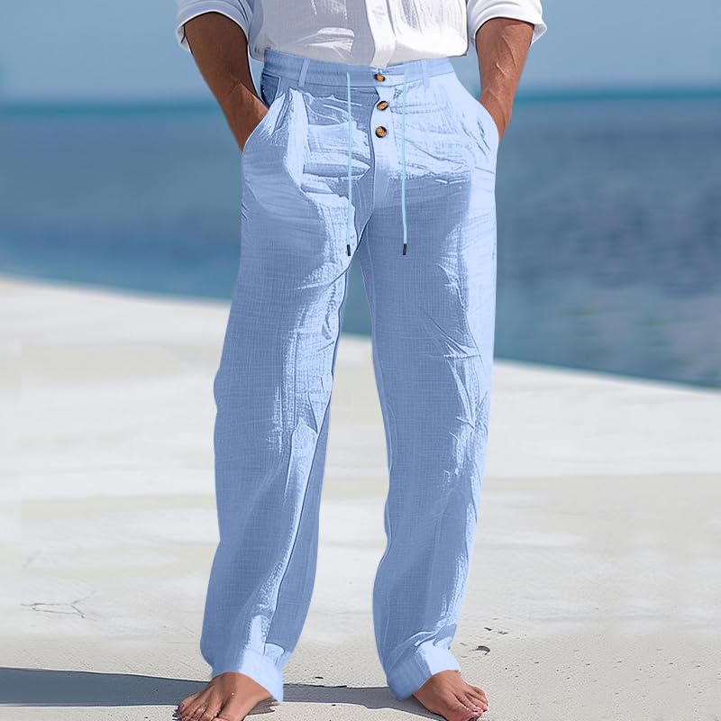 ZOCANIA Mens Casual Linen Pants Button Drawstring Elastic Waist Trousers Straight Legs Summer Fall Pants with Pockets3