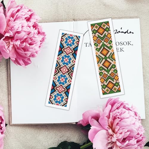 Image of INFUNLY 6PCS Colorful Flower Cross Stitch Bookmark Kit for Adults 8.66 inchx3.15 inch Plaid Flowers Ethnic Embroidery Bookmark Kit Geometric Pattern Counted Cross Stitch Kit with Instruction for Book Lovers