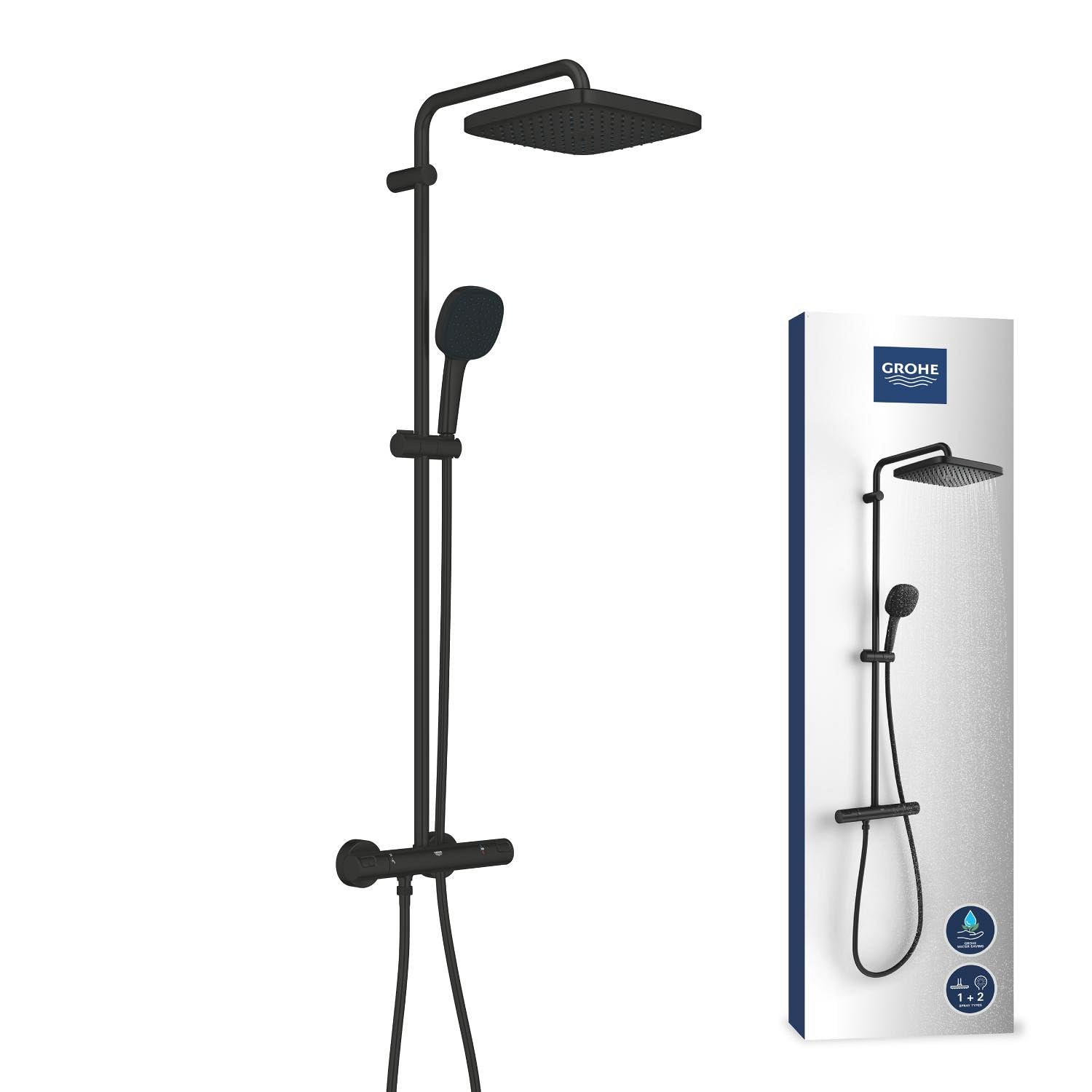 GROHE Vitalio Comfort 250 Colonne de Douche avec Mitigeur Thermostatique, Douche de Tête Carrée 25cm 1 jet (Pluie), Douchette Carrée 11cm 2 jets (Pluie/Stimulant), Economie d'Eau, Noir Mat, 266962431
