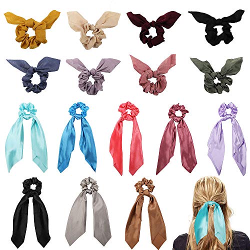 Keopel 16pcs Hair Scraf Hair Scrunchies Satin with Bow, Ribbon Bow Scrunchies with Solid Colors, Including 8 Satin Hair Scarf and 8 Bunny Ear Scrunchies Hair Accessories for Women and Girls