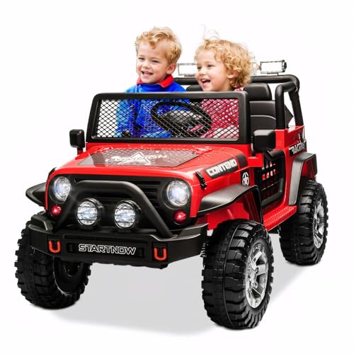 SEHOMY 2-Seater Ride on Truck, 12V Battery Powered Kids' Electric Vehicle w/Remote Control, 3 Speeds, Spring Suspension, LED Headlight, Horn, Music/ MP3, Safety Belt, Ride on Toys Car for Kids (RED)
