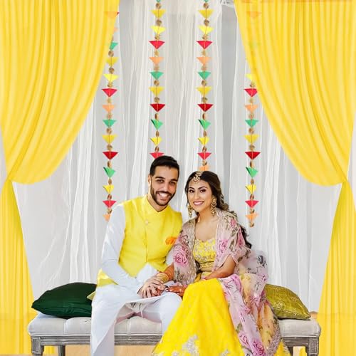 Image of Party Propz White Yellow Ganpati Decoration Setup for Home -10Pcs Ganpati Decoration Backdrop with Triangle Hanging, Varalakshmi Pooja Items, Janmashtami, Haldi Decor, Background Decorations Items