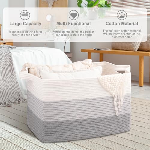 Image of OIAHOMY Extra Large Blanket Basket, 110L Cotton Rope Woven Laundry Basket, Toy Bin for Baby Room, Container for Blanket Storage in Living Room, 24.8''x17.3''x15.8'', Gradient Grey