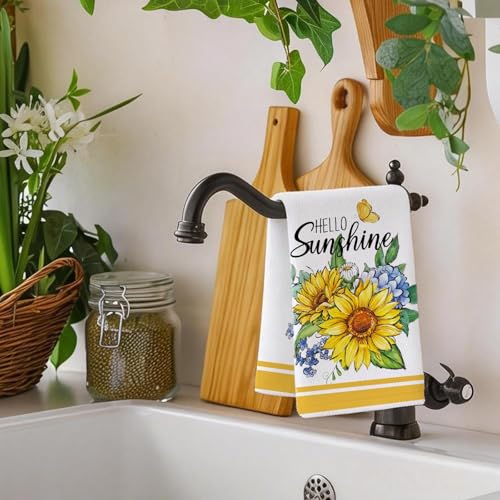 Image of Summer Hello Sunshine Sunflower Kitchen Towels, Yellow Flowers Dish Towels Set of 2, Spring Home Sweet 18 x 26 Inch Hand Towel Quick Drying Dishcloth Decor for Kitchen Bathroom Home