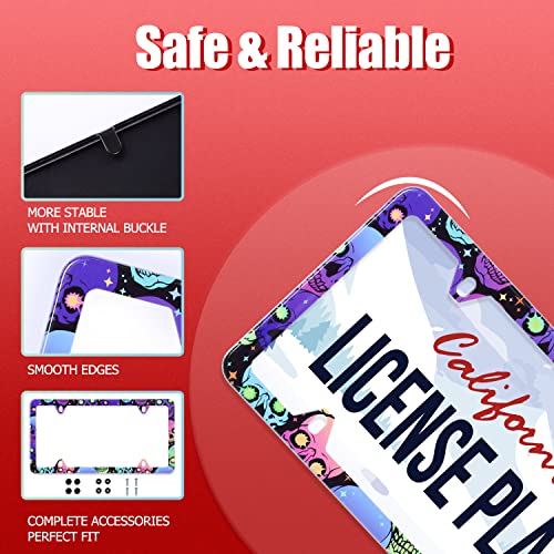 Neon Skulls License Plate Frame Funny Hippie Skull Goth Gothic Plate Holder Stainless Steel Rust-Proof Auto Parts Colorful License Plate Cover Decoration With Screws Size 12.3" X 6.3" For Men Women #TOP1