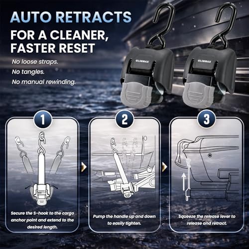 GLIMMAX Retractable Boat Transom Tie Down Straps, 2 x 43 Inch 2500 lbs Break Strength, 833 lbs Safe Working Load Limit, 2-Pack Trailer Ratchet Straps for Brackish or Saltwater Environments by GlimmaX - Image 5