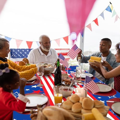Image of Newwiee 6 Pcs 4th of July Patriotic Tablecloth Disposable American Flag Tablecloth 54x108 Plastic Red White Blue Independence Day Rectangle Table Cover 250th Decoration (Star Style)