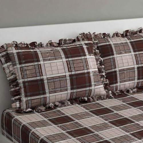 Image of VOMZER King Size (72x78) 300 TC Soft Cotton Feel Microfiber All Around Elastic Fitted Double Bedsheet with 2 Frill Pillow Covers | Coffee Check