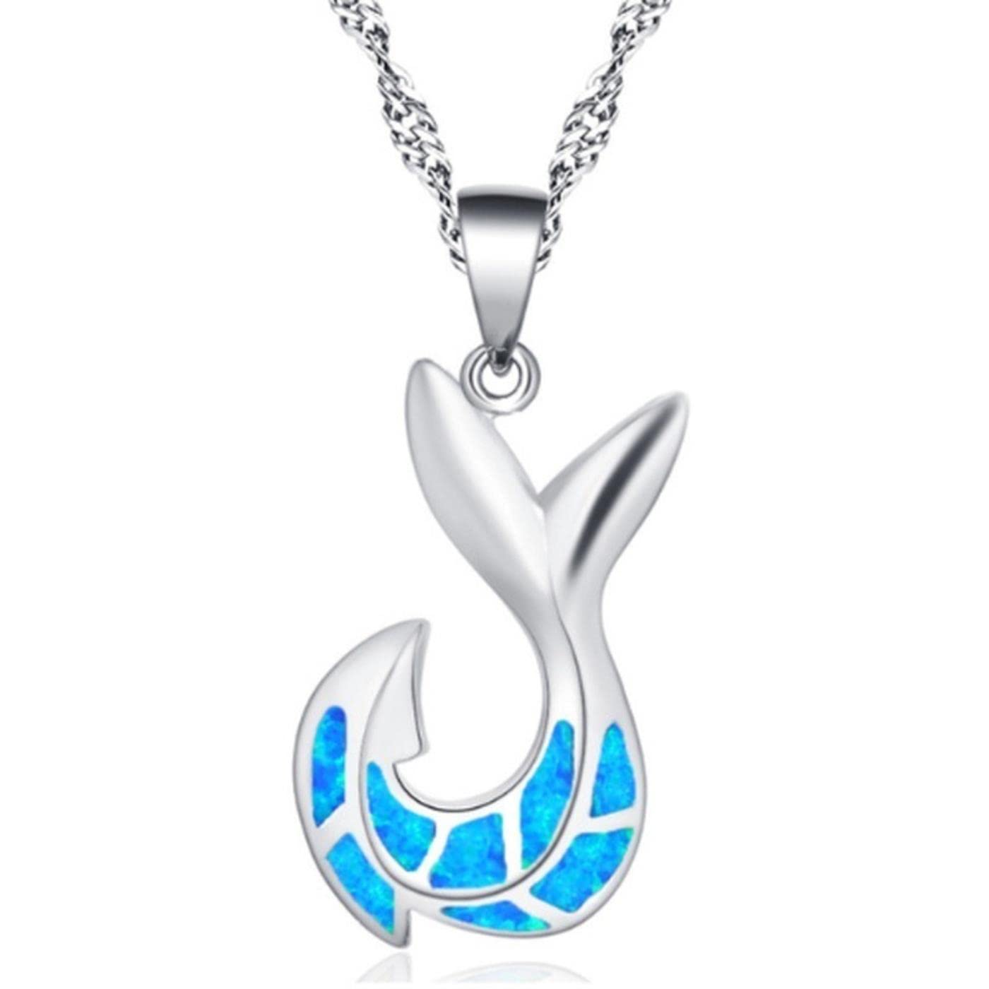 Mayiyaho Women's Blue Luxury Silver Color Opal Choker Pendant Necklace Cute Fish Tail And Fish Hook Necklaces Creative Chain Jewelry