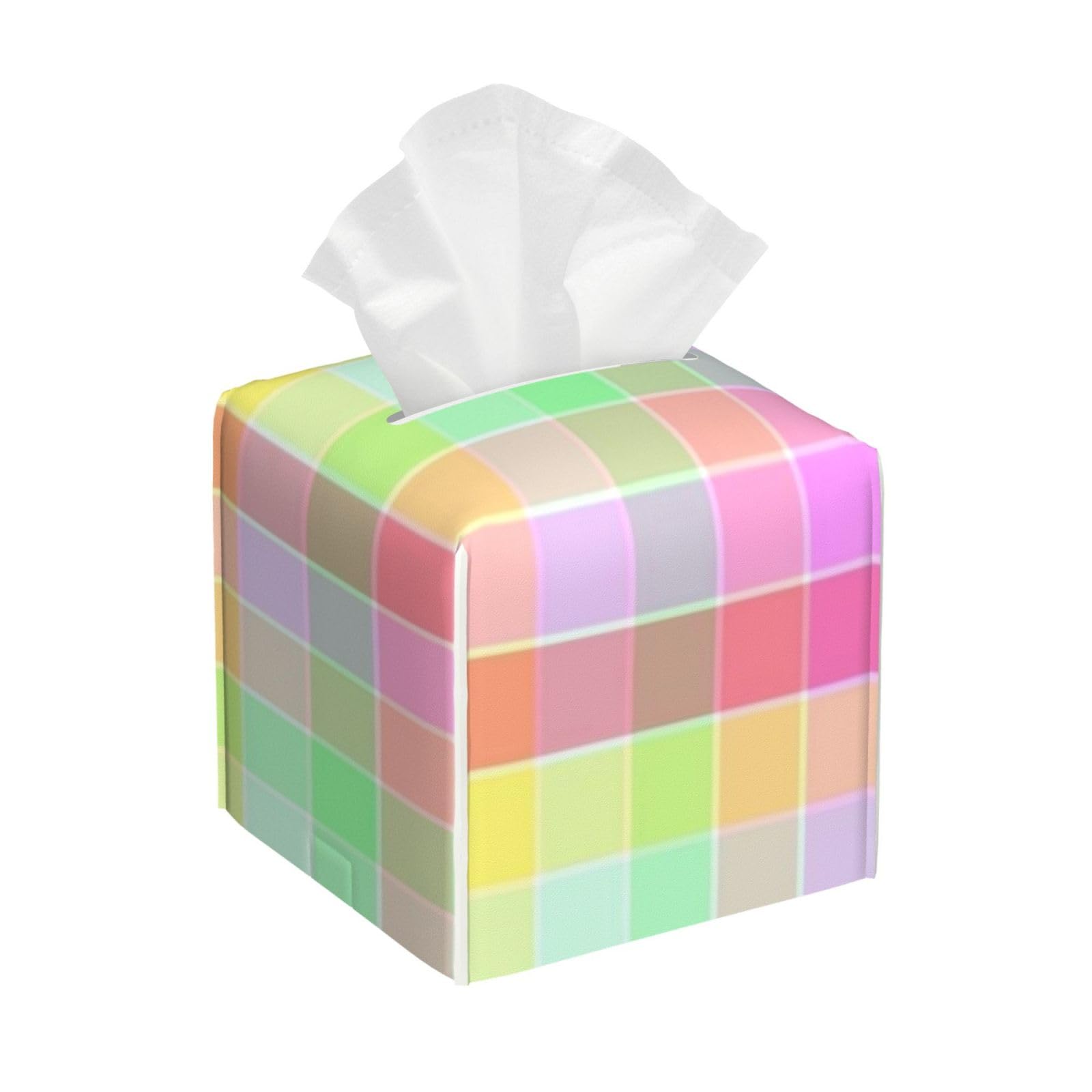Pastel Rainbow Check Plaid Tissue Box Cover 5" Square Leather Tissue Holder Facial Tissue Case for Tabletop Bedroom Bathroom Desk Decor