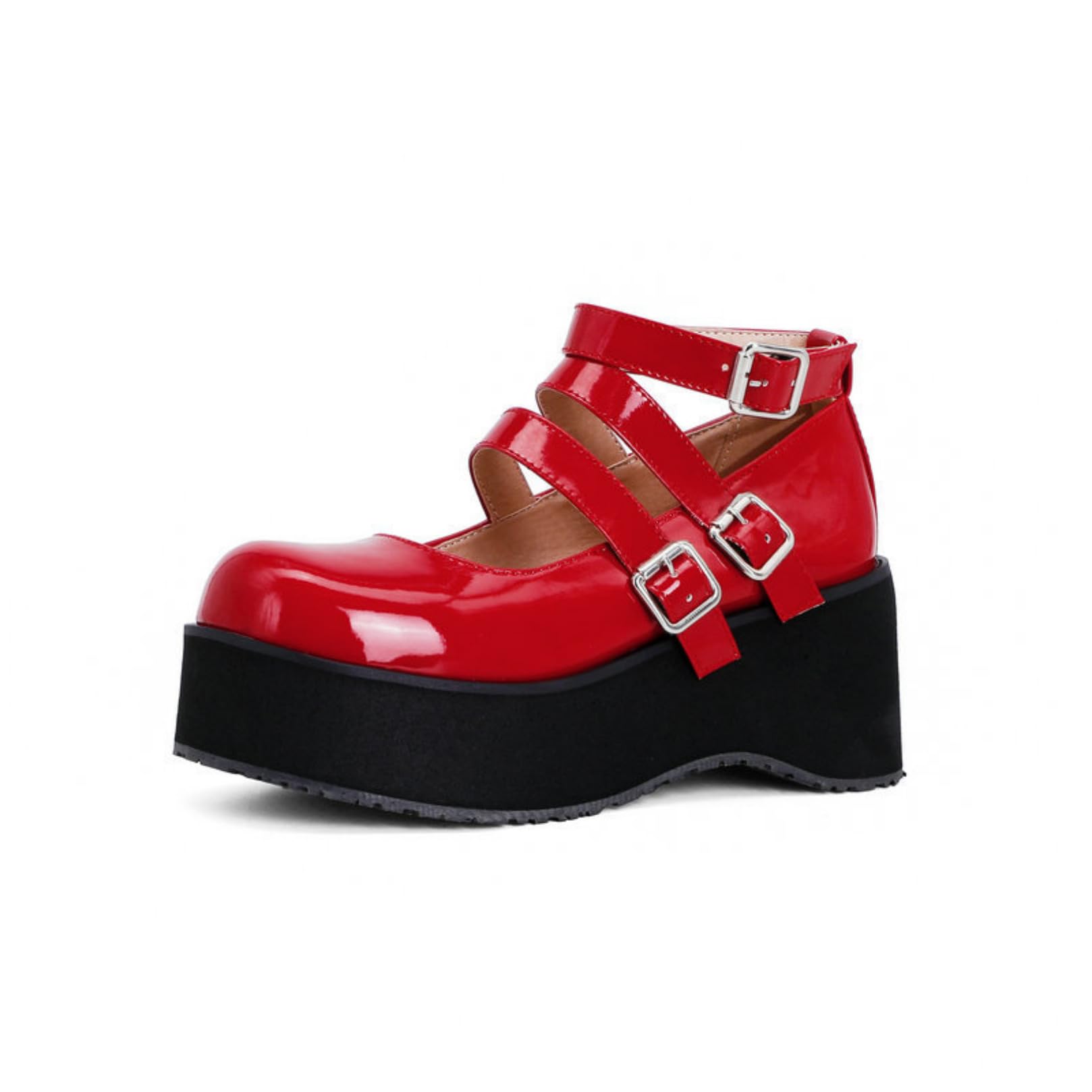 Merceditas De Plataforma De Charol para Mujer Triple Correa con Hebillas Cerrados Punta Redonda Zapatos Góticos