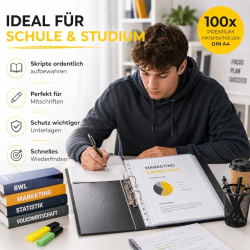 100x Hefthüllen Klarsichthüllen zum Abheften - extra dick - A4 Prospekthüllen transparent DIN A4 - mit Lochung - Folienhüllen Buchumschlag - Prospekthülle Folie & Hüllen