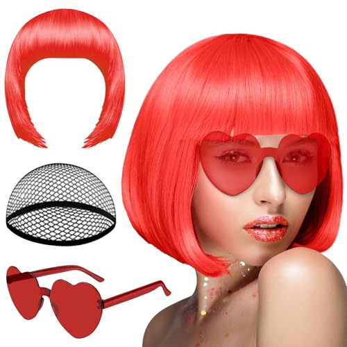 PLULON Red Short Bob Wig and Sunglass Set Neon Short Bob Wig Sunglass Pack Costume Colorful Cosplay Wig Hairpieces for Bachelorette Neon Party Favors Halloween Decorations