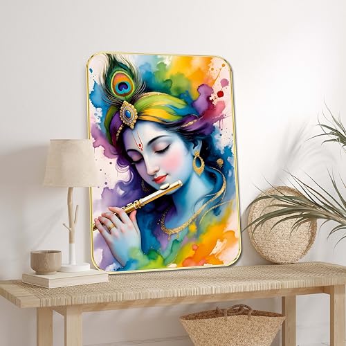 Image of SAF Lord Krishna Flute Wall Art | Vibrant Color Splash Krishna Painting with Peacock Feather | Spiritual MDF Wall Decor for Living Room, Bedroom, Temple & Gift Purpose (18 x 24 Inch) ETNF01-1026