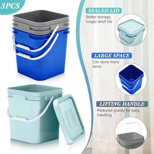 Image of Mumufy 3 Pcs 3.5 Gallon Square Food Grade Bucket with Lid Square Bucket Pail Plastic Handles for Long Term Food Storage, Camping, Fishing, Home Organization Easy Stack and Store (Aqua,Gray,Blue)