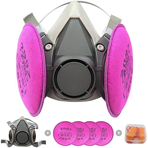 Respirator mask with Filters Set - Reusable Half Facepiece Cover with 4pcs 2097 Filter and Earplugs for Paint, Epoxy Resin, Fumes, Woodworking, Organic Vapor Gas Perfect for House DIY Project Cover