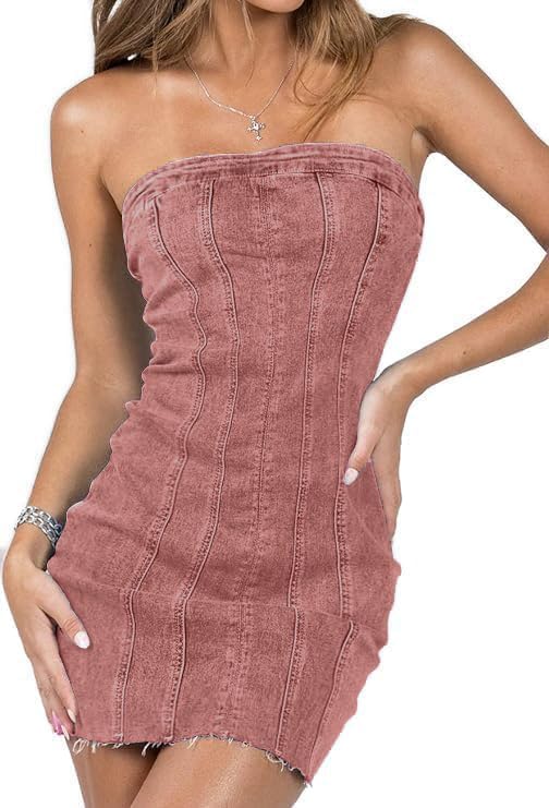 Fronage Womens Sexy Jeans Denim Strapless Dresses Bodycon Corset Tube Mini Dress
