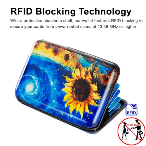 Image of Credit Card Holder Small RFID Blocking Wallet Business Metal Slim Mini Aluminum Hard Case for Women Men, Starry Night Sunflowers, small