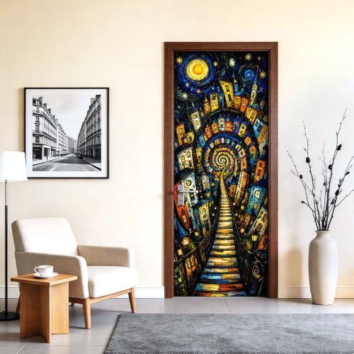 Image of Starry Town Door Sticker, Peel & Stick Door Cover, 30.3x78.7in