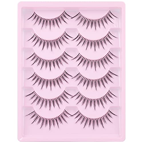 Lashes Natural Look Eye Lashes Wispy Hand Knotted False Eyelashes 12Mm Soft Light Asian Lashes Pack 6 Pairs Clear Band Fake Eyelashes #TOP5