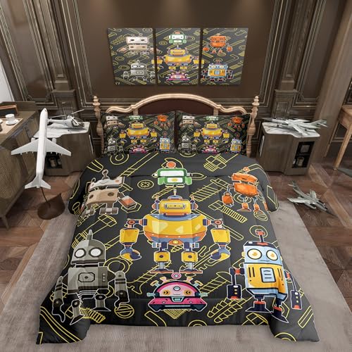 Manfei Colorful Robot Comforter Set,Cartoon Cute Equipment Graffiti Bedding Set Kids Teens Modern Decor,Iintelligent Machine Dark Gray Comforter with 1 Pillowcase for All Seasons,Twin