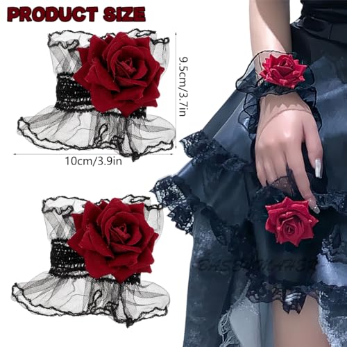 Gothic Rose Lace Gloves Hand Sleeve Black Lace Elastic Bracelet Wine Red Flower Wrist Cuff Dress Accessories for Women Girls Wedding Halloween Prom Masquerade Party Clothing 1 Pair2