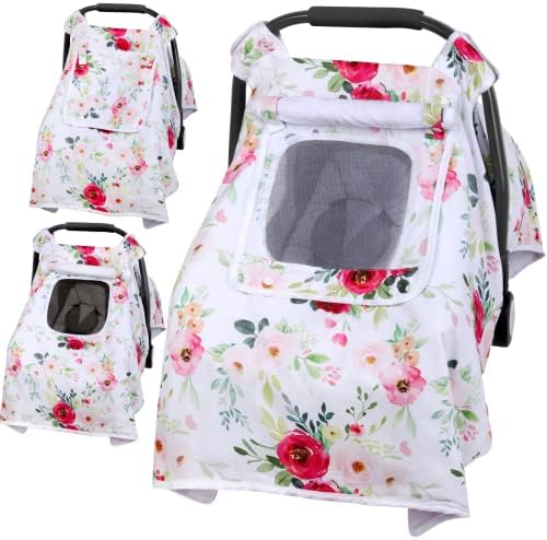 Baby Car Seat Cover, Infant Carseat Canopy with 3 Layers Windows, Breathable Mesh Peep Window, Kick-Proof Carrier Cover for Boys Girls, Windproof Stroller Cover Shower Gift for Newborn (Flower)