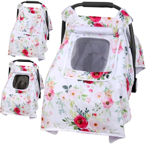 Image of Baby Car Seat Cover, Infant Carseat Canopy with 3 Layers Windows, Breathable Mesh Peep Window, Kick-Proof Carrier Cover for Boys Girls, Windproof Stroller Cover Shower Gift for Newborn (Flower)