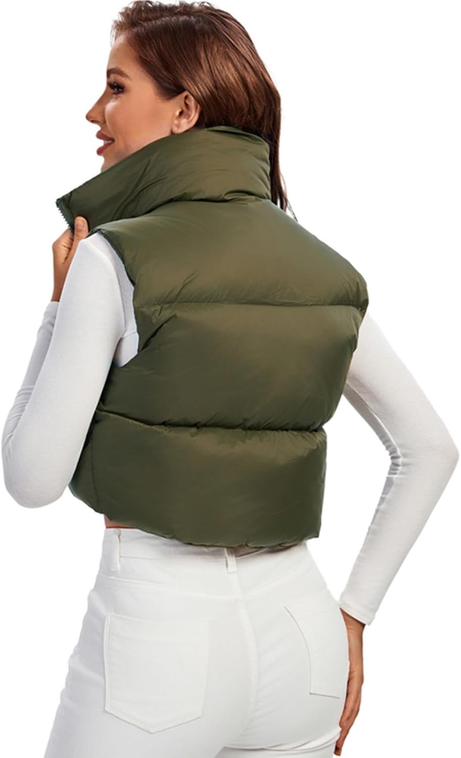 Fuinloth Women's Padded Vest, High Stand Collar Lightweight Zip Crop Puffer Gilet - Image 4