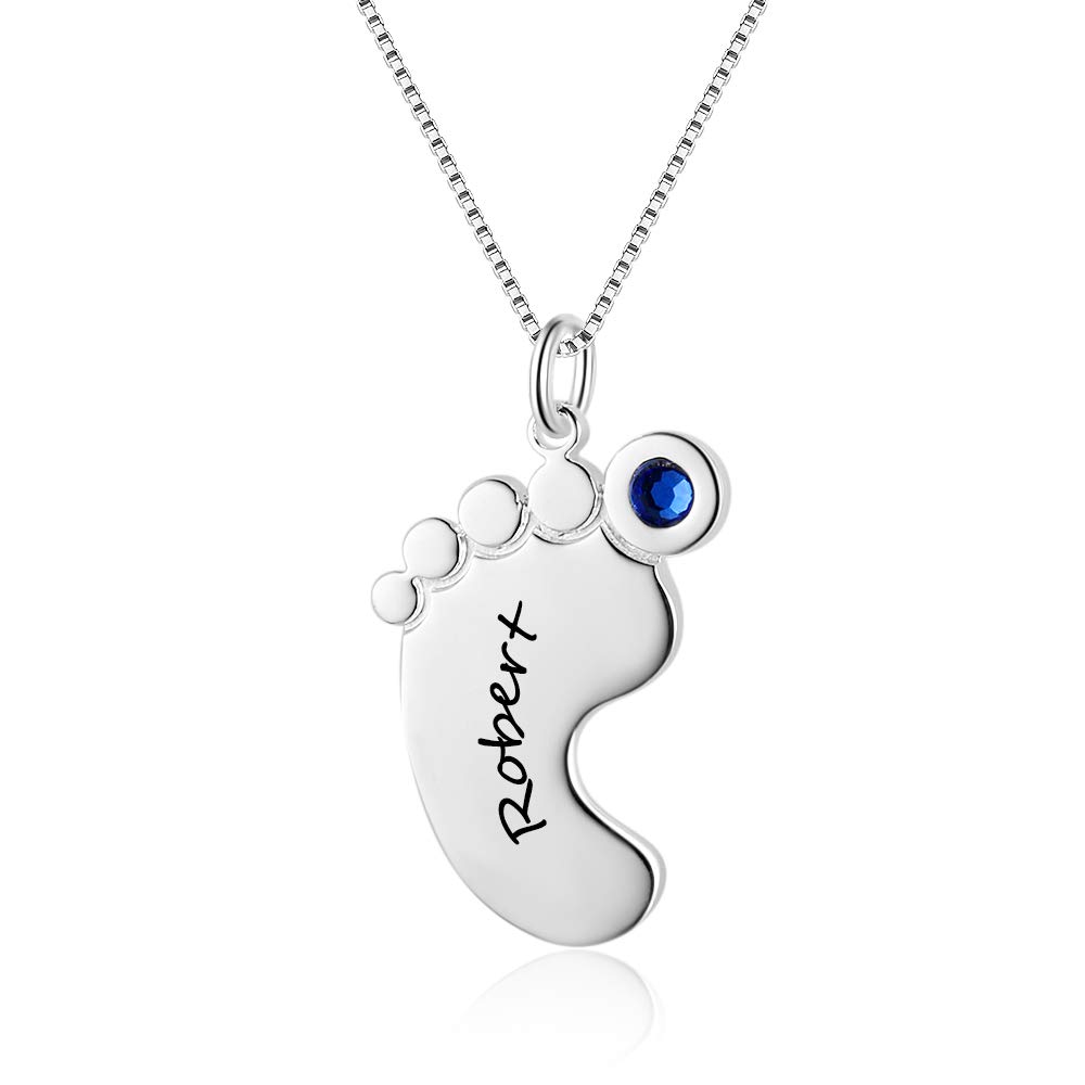 Personalised Necklace for Mother 1-4 Custom Baby Feet Pendant Necklace for Mom with Simulated Birthstone Free Engraving Baby Name or Date (1 name)