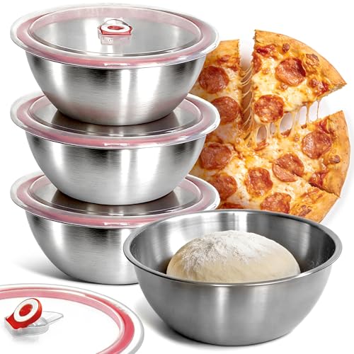eazttouz 4 Pack Stainless Steel Pizza Dough Proofing Box with Airtight Clear Lids (1000ml), Metal Bowls for Dough Fermentation, Kitchen Food Storage Containers for Prep, Baking & Marinating