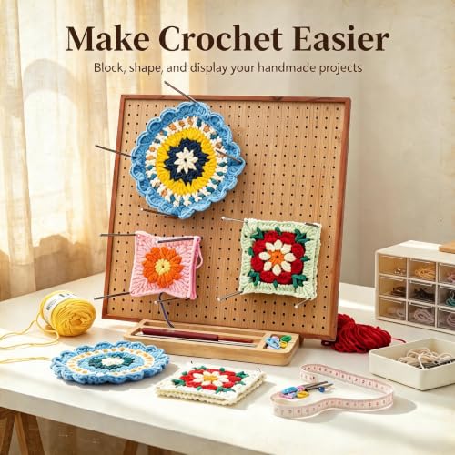 Image of 13 inch Crochet Blocking Board with 20 Pins /Pegs, Granny Square Blocking Boards for Crochet Projects, Wooden Crocheting Accessories Gifts for Crocheters
