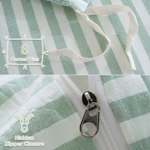 Image of TOCOMOA Sage Green Striped Duvet Cover Set Washed Cotton Like Linen, King | 100% Washed Cotton Linen-Like Feel Soft, Breathable & Comfy. Lightweight Bedding Set with Zipper & 8 Ties. 3 Pcs, No Insert